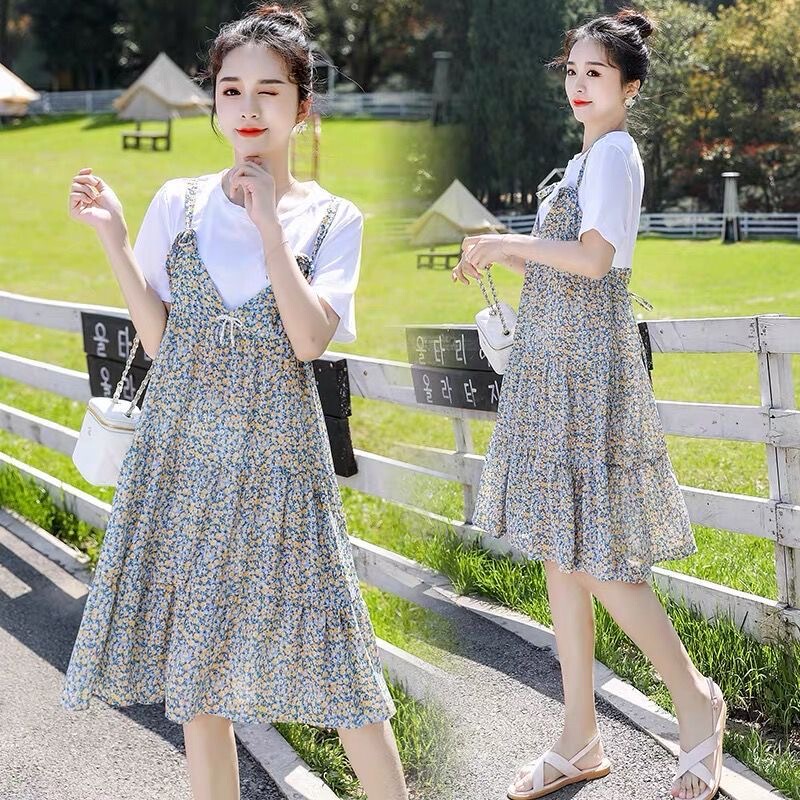 Floral Fake Two-Piece Dress Maternity Wear Trendy Mom Summer New Style Belly-Covering Mid-Length Top Maternity Dress That Doesn'T Show Pregnancy Floral Fake Two-Piece Dress Maternity Wear Trendy Mom Summer New Style Belly-Covering Mid-Length Top Maternity Dress That Doesn'T Show Pregnancy