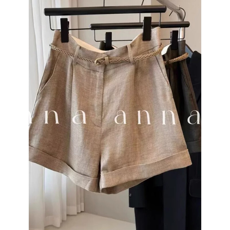 Top Brand Cut-Label Export Discount Stock Old Money Style Linen Wide-Leg Shorts for Women, Summer Slimming Casual Pants