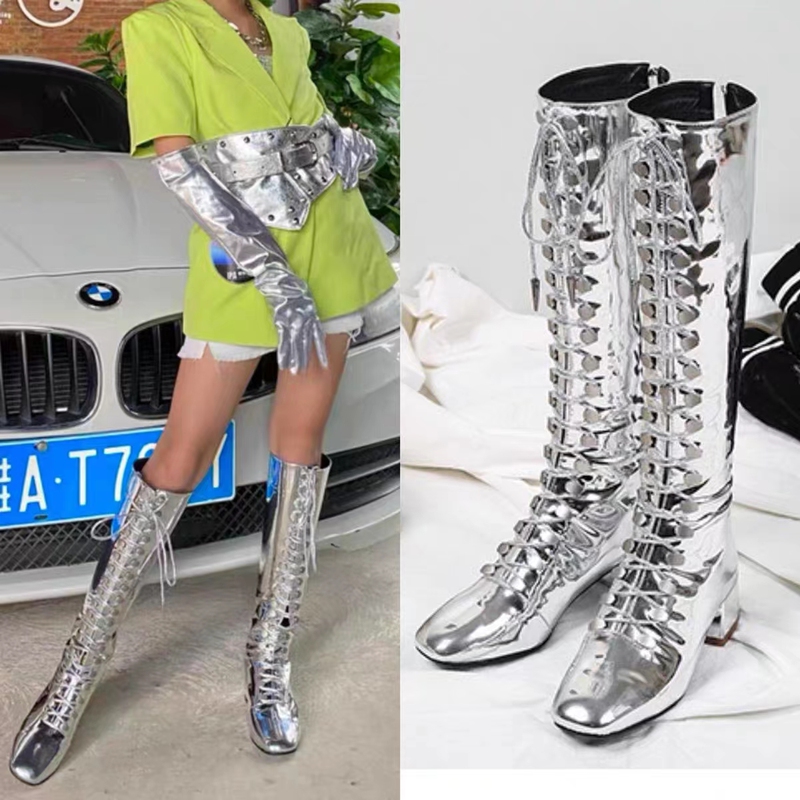 Children's Flat High Boots in Gold and Silver Patent Leather, Girls' Martin Boots for Model Competition Stage Performance and Catwalk Shoes Children's Flat High Boots in Gold and Silver Patent Leather, Girls' Martin Boots for Model Competition Stage Performance and Catwalk Shoes