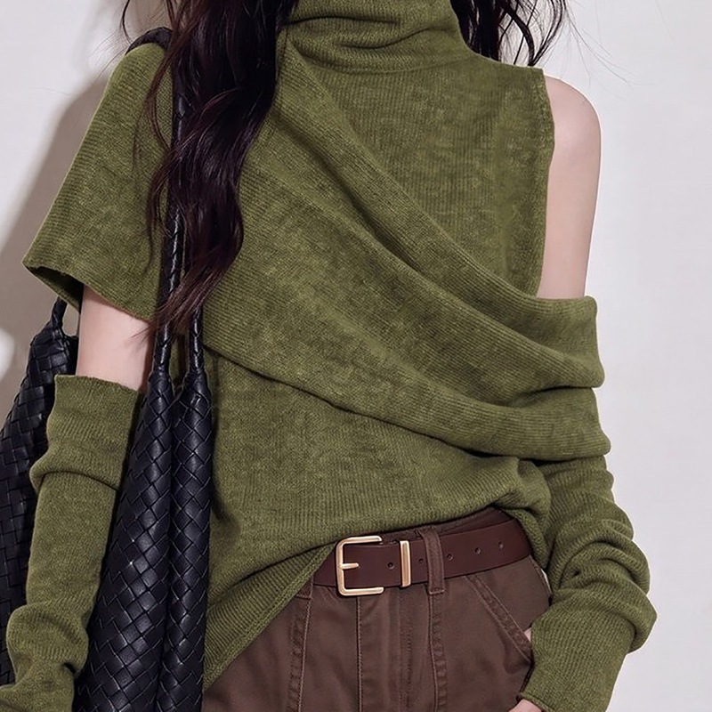 Cocoonbreak Early Autumn Personalized Design Green Stacked Collar Knitted Top with Sleeves Fashionable Top for Women Cocoonbreak Early Autumn Personalized Design Green Stacked Collar Knitted Top with Sleeves Fashionable Top for Women