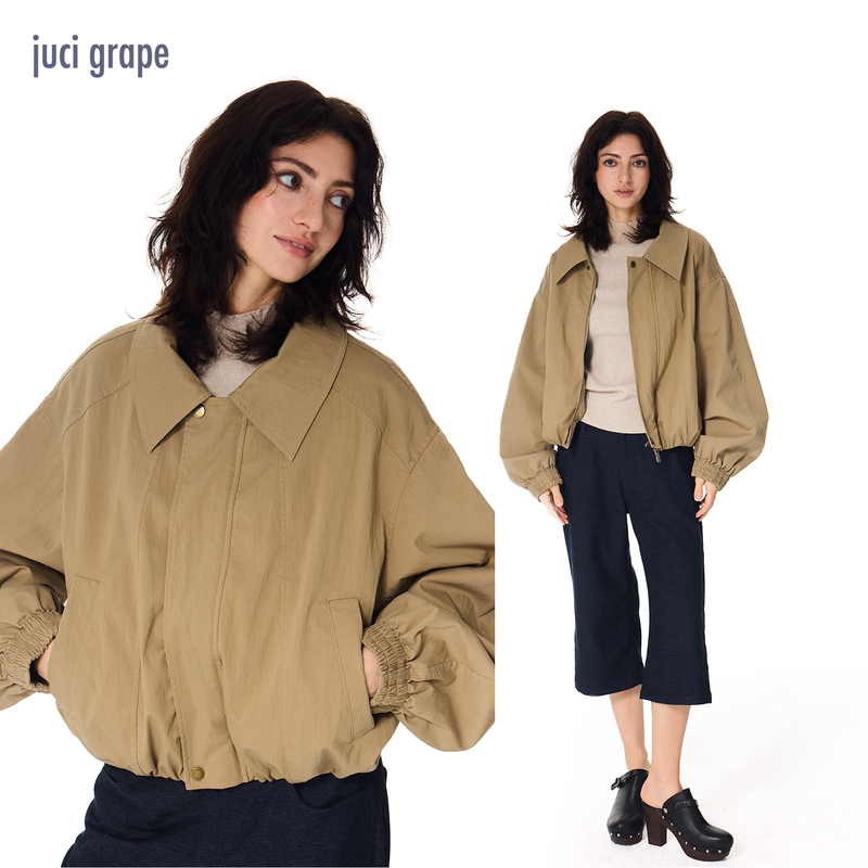 Jucigrape New Versatile Khaki Brown Pima Cotton Loose Short Lapel Work Jacket for Women