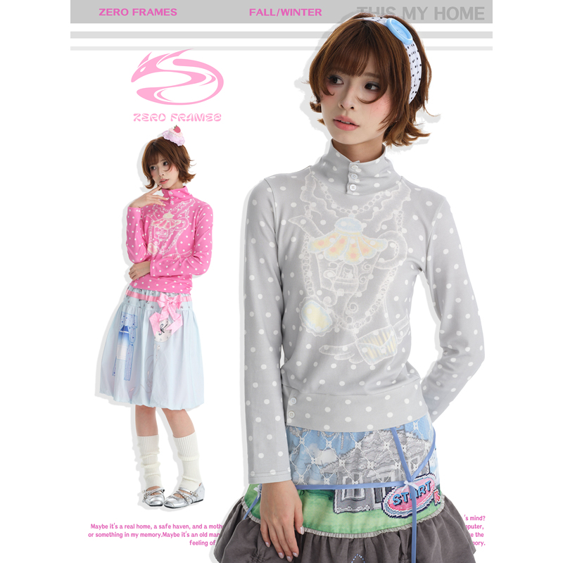 Zero Frames Teapot House Polka Dot Print Shell Button High Collar Long Sleeve Top Zero Frames Teapot House Polka Dot Print Shell Button High Collar Long Sleeve Top