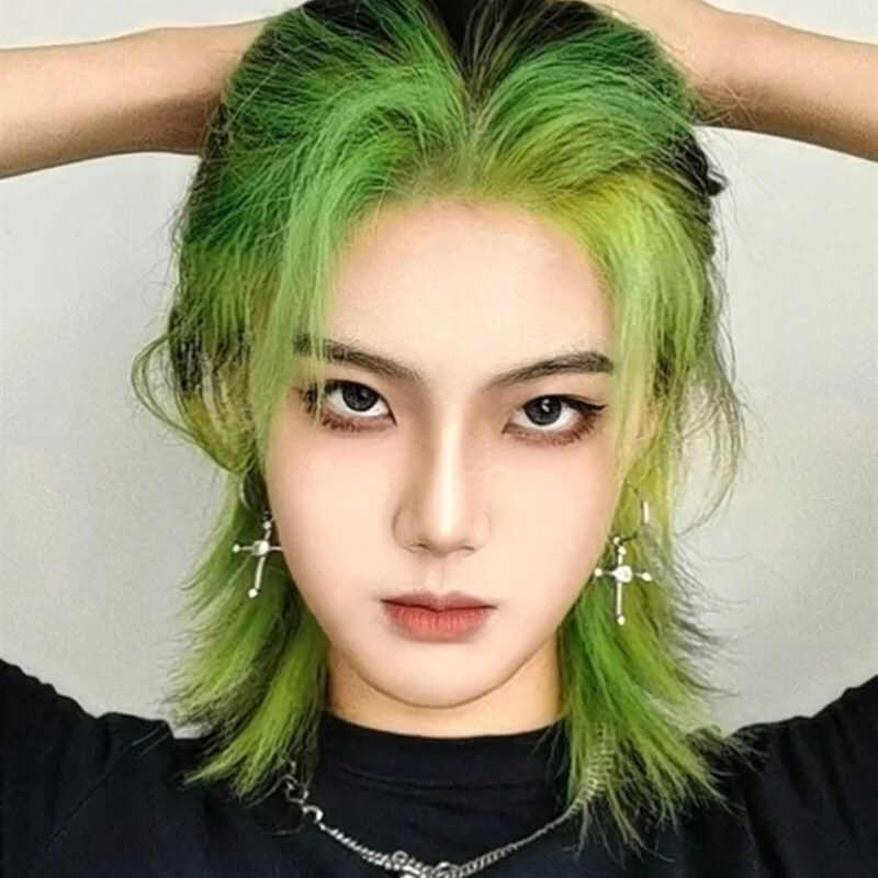 Green Wig Wolf Tail Mullet Hairstyle for Men and Women, Avocado Green, Lizard Green, Middle-Parted Short Hair, Unisex Youth Full Wig Green Wig Wolf Tail Mullet Hairstyle for Men and Women, Avocado Green, Lizard Green, Middle-Parted Short Hair, Unisex Youth Full Wig