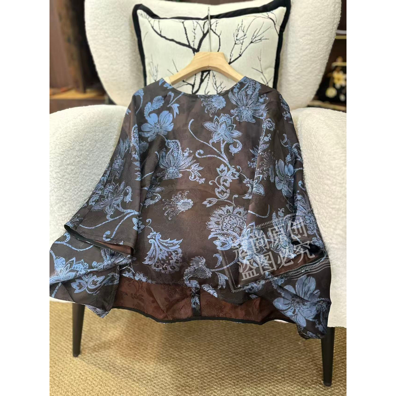 Summer New Style New Chinese Style Loose-Fitting Slimming Brown and Blue Floral Round-Neck Batwing Pullover Top