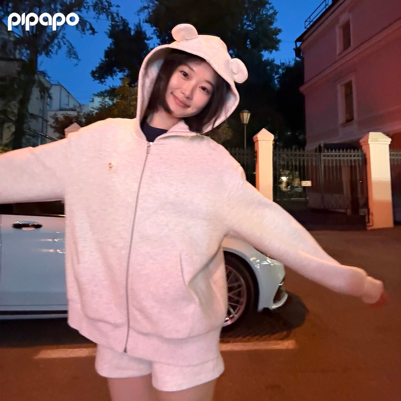 Pipapo | Pupdiary Three-Dimensional Ear Air-Feel Sweatshirt Jacket Women's Autumn Shorts Set Two-Piece Set Pipapo | Pupdiary Three-Dimensional Ear Air-Feel Sweatshirt Jacket Women's Autumn Shorts Set Two-Piece Set
