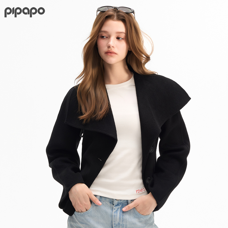 Pipapo Romance Series-100% Sheep Wool Double-Sided Woolen Outwear Women's Winter Shawl Collar Short Top Pipapo Romance Series-100% Sheep Wool Double-Sided Woolen Outwear Women's Winter Shawl Collar Short Top