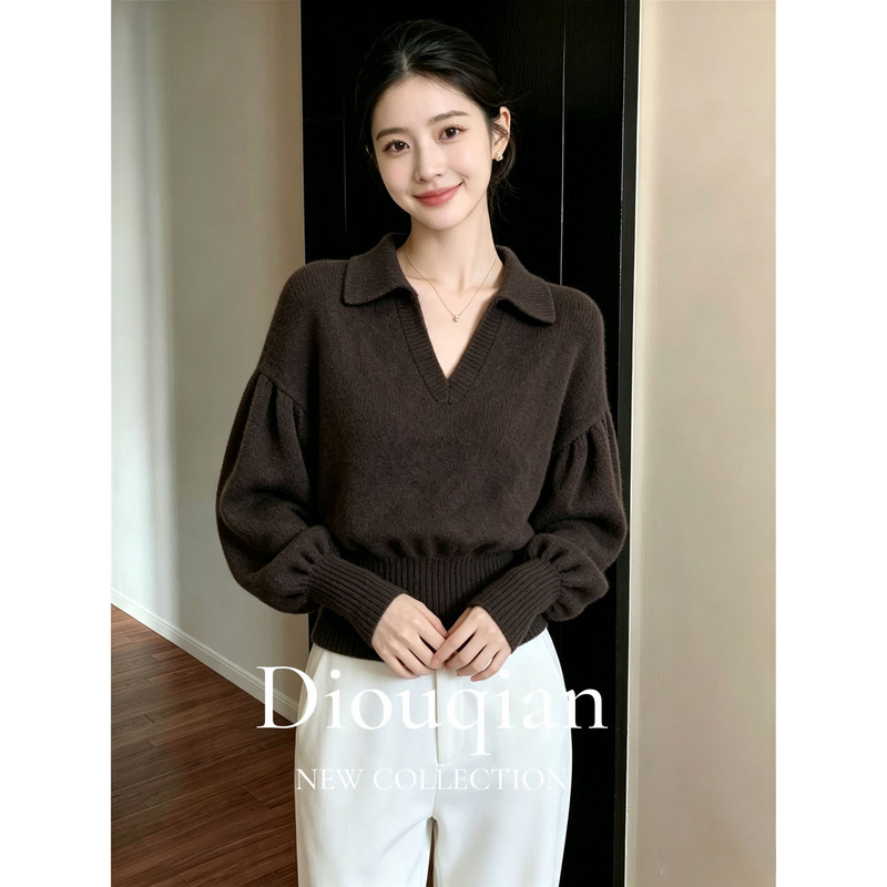 2026 Autumn New Deep Coffee Color Polo V-Neck Lantern Long Sleeve Waist-Cinched Knitted Simple Niche Sweater for Women 2026 Autumn New Deep Coffee Color Polo V-Neck Lantern Long Sleeve Waist-Cinched Knitted Simple Niche Sweater for Women