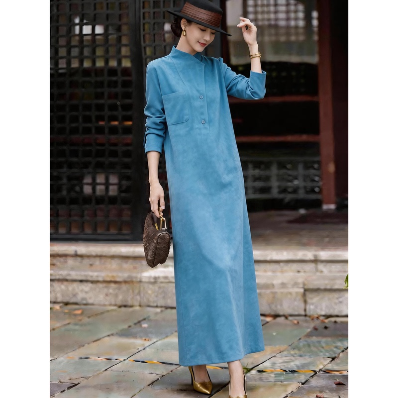 Light and Mature Style, Simple Blue Long-Sleeved Dress for Women, Long Style, Slimming, Elegant and High-End Feel, 2026 Autumn New Model, Petite and Sophisticated