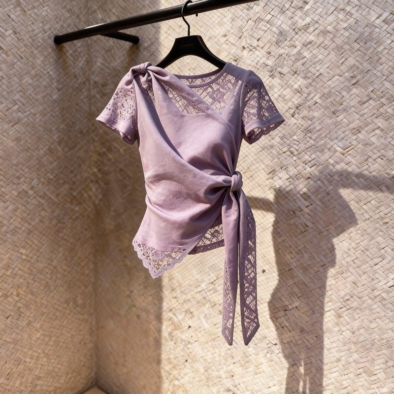 2026 Summer New Style Light Purple Hollow Lace Short-Sleeve Tie-Up Top with a Sense of Design, Elegant and Niche High-End Inner Wear