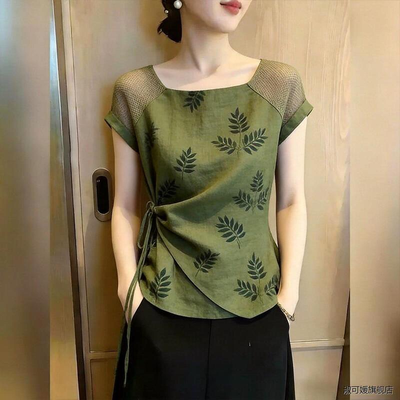 2026 Summer New Design Niche Green Leaf Print Top with Mesh Splicing and Tie, Elegant and High-End Feel