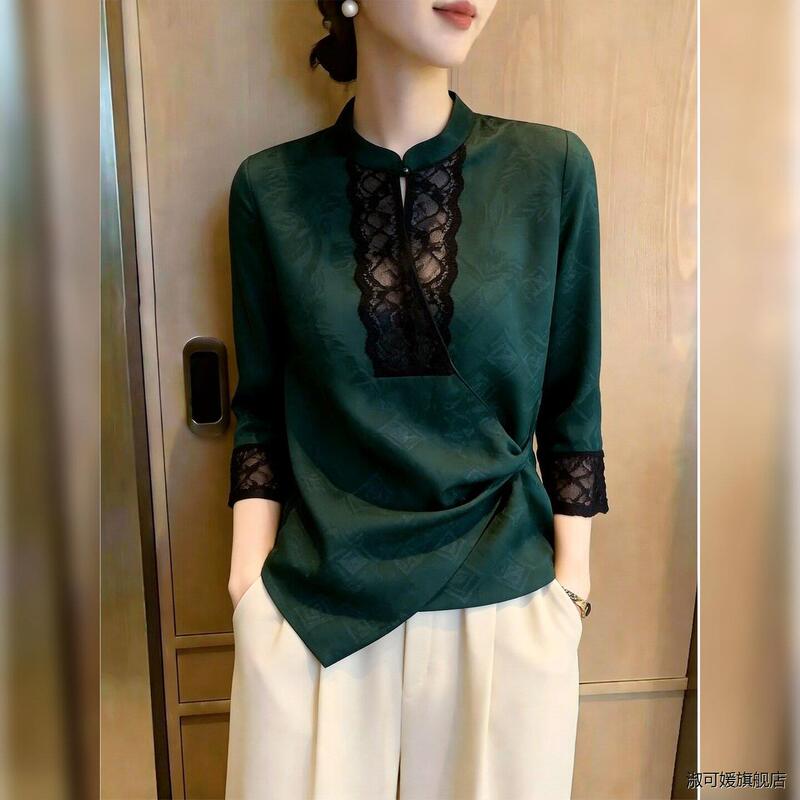 2026 Summer New French-Style Dark Green Lace-Up Round-Neck Top for Women, Slimming and Elegant, Suitable for Commuting and Fashionable Shirts