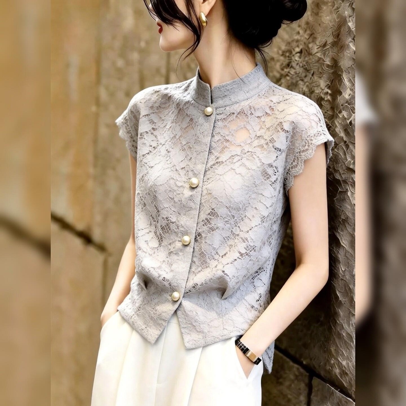 2026 Summer New French Lace Hollow Sleeveless Top for Women, Gray Stand Collar Slimming Versatile Elegant Shirt