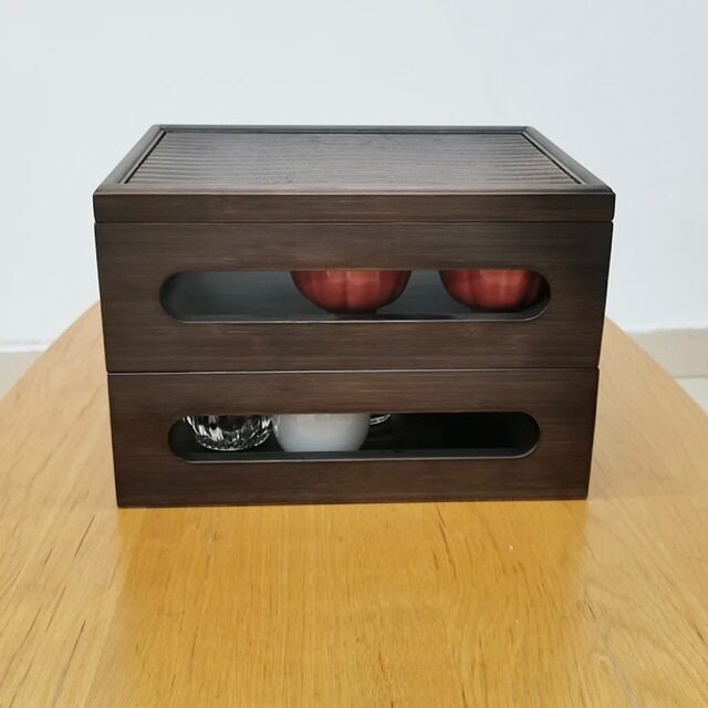 Chinese tea set desktop storage box multi-functional exquisite box bamboo double layer stackable portable tea cup storage cabinet