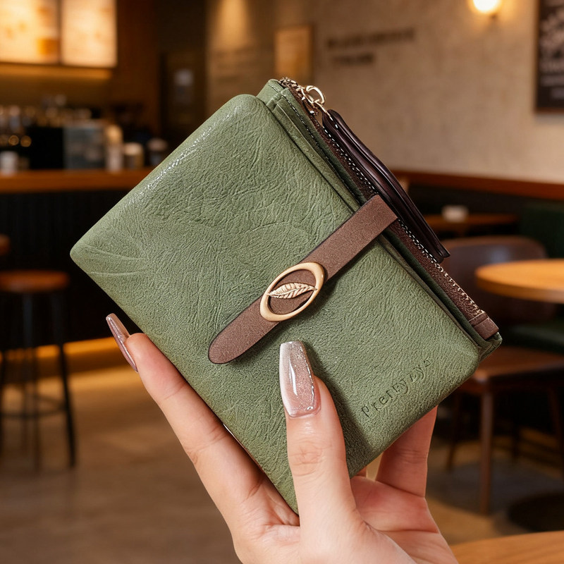 German-Style New Fashion Short Wallet for Women, Niche High-End Design with Leaf Decoration, Zipper Card Holder, Two-In-One Coin Purse