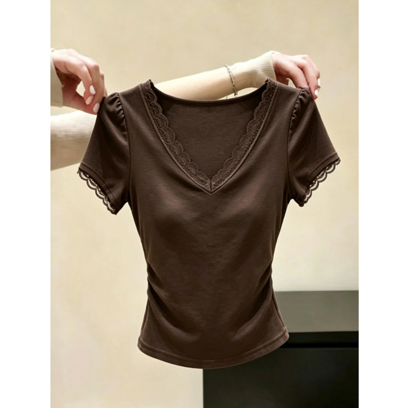Fashionable and Gentle Style Brown Lace Splicing V-Neck Short-Sleeved T-Shirt for Women, New Summer High-End Stylish Versatile Top Fashionable and Gentle Style Brown Lace Splicing V-Neck Short-Sleeved T-Shirt for Women, New Summer High-End Stylish Versatile Top