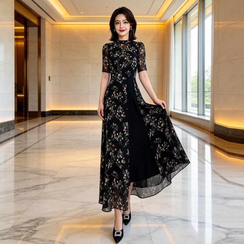 National Style Dress for Women, Summer 2026 New Model, High-End Elegant Fashion Printed Chiffon Long Dress, Waist-Cinching Slimming One-Piece Dress