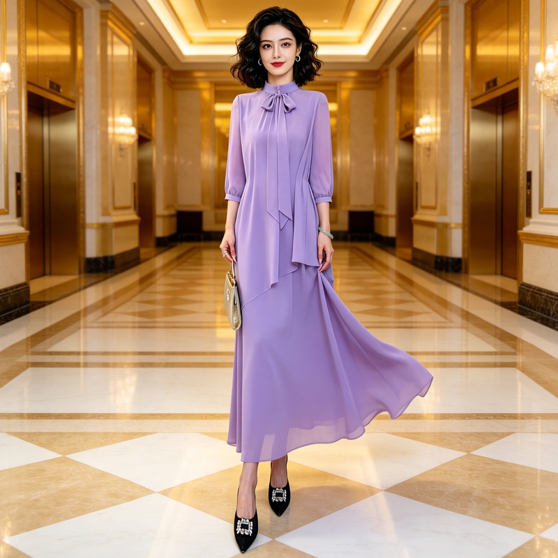 Light Luxury and High-End Dress for Women, Summer 2026 New Style, Dignified and Elegant Purple Long Dress That Covers the Body and Makes You Look Slimmer