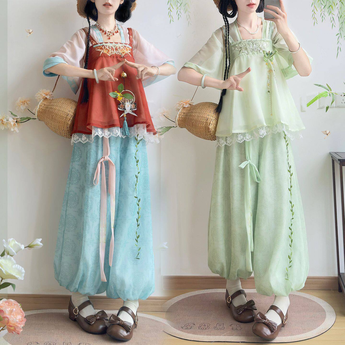 酔莫生小オリジナル 夏用 中国風 アレンジ漢服要素 半袖 刺繍入りサスペンダードレス 伸縮性ランタンパンツセット