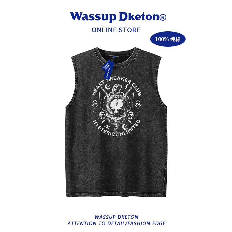 Wassup Dketon American Retro Dark Skull Sleeveless Vest Pure Cotton Loose Washed Vintage Style Tank Top