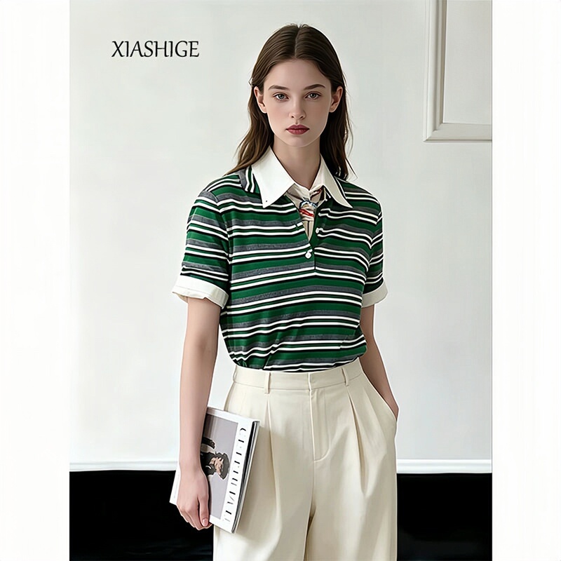 Yang Mi's Same Style Stunning Polo Shirt Top, Very Attractive and Unique, Green Striped Lapel Short-Sleeve T-Shirt for Women, Summer