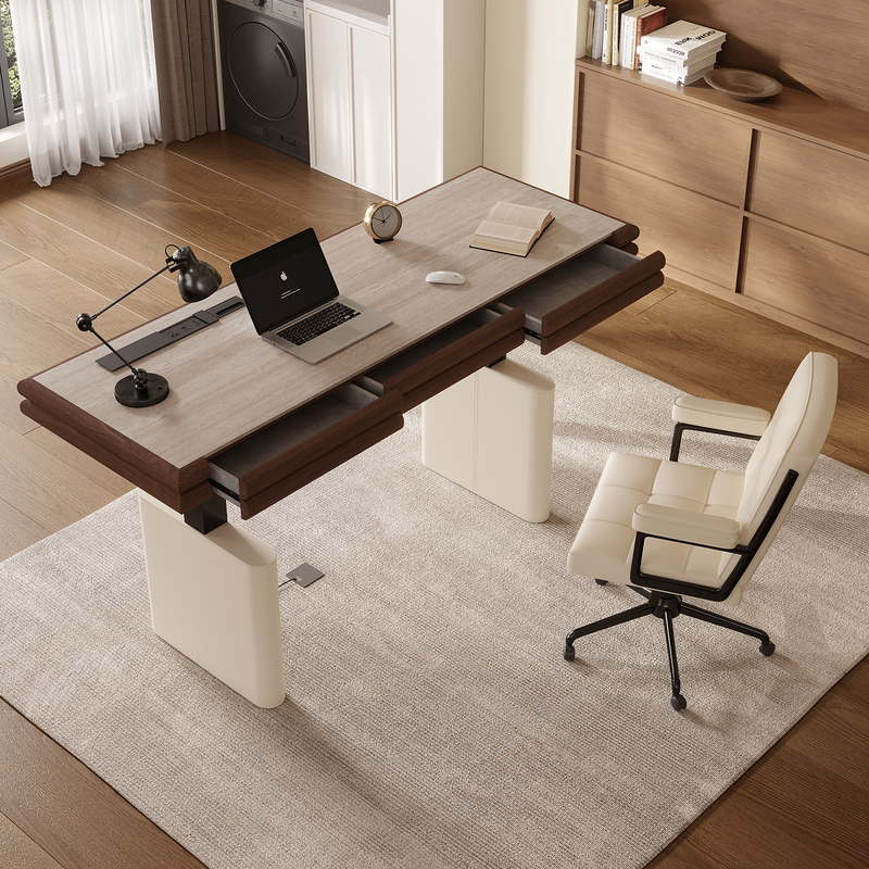 French-Style Vintage Electric Height-Adjustable Travertine Stone Desk, Computer Desk for Home Use, Walnut Color, Dual Motor Office Desk French-Style Vintage Electric Height-Adjustable Travertine Stone Desk, Computer Desk for Home Use, Walnut Color, Dual Motor Office Desk