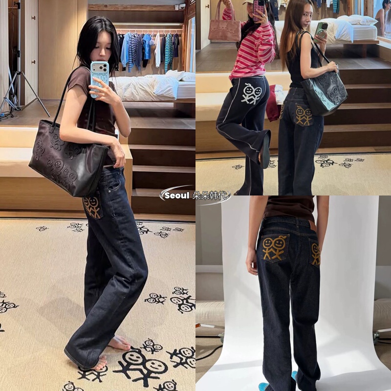 Urban Sophistication Song Yanfei's Same Style Stickman Embroidery Pocket Straight-Leg Denim Pants