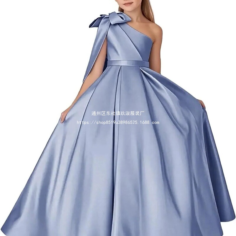 2026 New One-Shoulder Satin Flower Girl Dress Girls Ball Gown Long Dress Bow Princess Dress Party Dress