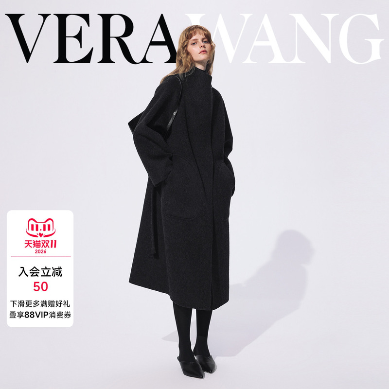 [Alpaca Wool] Verawang Black Stand Collar Double-Sided Wool Coat for Women, Autumn and Winter Designer Long Wool Jacket