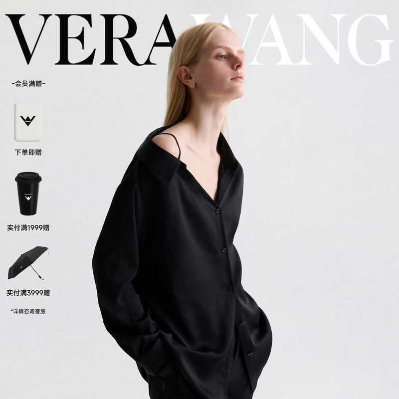 [Celebrity Style] Verawang Black Asymmetrical Shoulder Blouse for Women, Summer Designer New Satin Light Luxury Top