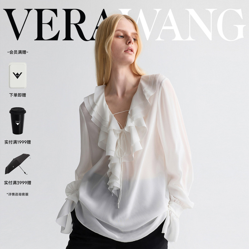 【100% Mulberry Silk】Verawang Ruffled Chiffon Blouse for Women, Summer Designer Lightweight Flared Sleeve Top