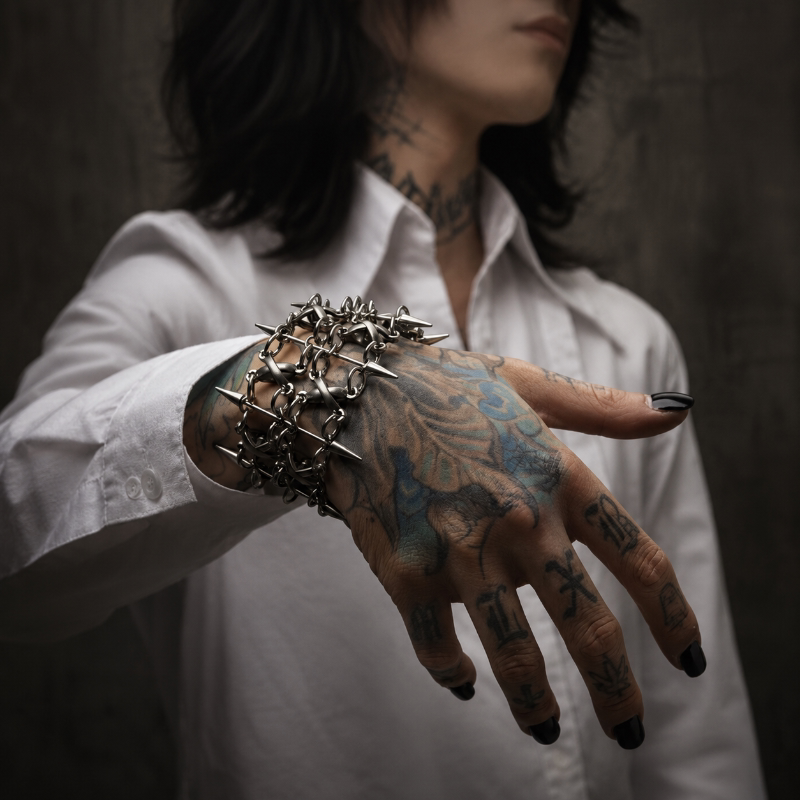 Thorn-Bound Wristband Multi-Layered Studded Spiked Cuban Chain Bracelet Punk Dark Style Unisex Niche Heavy-Duty Bracelet