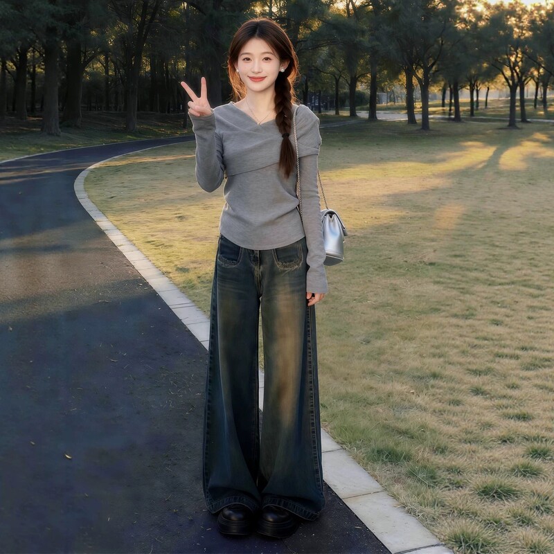 Korean Uamtor Casual Suit for Women, Autumn Long-Sleeved T-Shirt, Niche Top, High-Waisted Loose Straight-Leg Pants Two-Piece Set