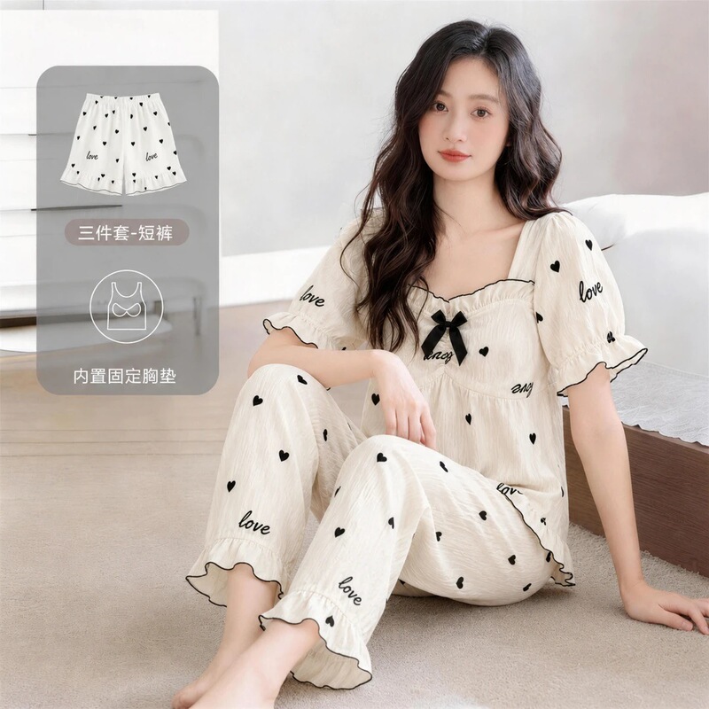 2026 Hot-Selling Summer Pajamas with Chest Pads, Short-Sleeved Three-Piece Set, Cloud Cotton Wlw Home Wear Three-Piece Set 2026 Hot-Selling Summer Pajamas with Chest Pads, Short-Sleeved Three-Piece Set, Cloud Cotton Wlw Home Wear Three-Piece Set