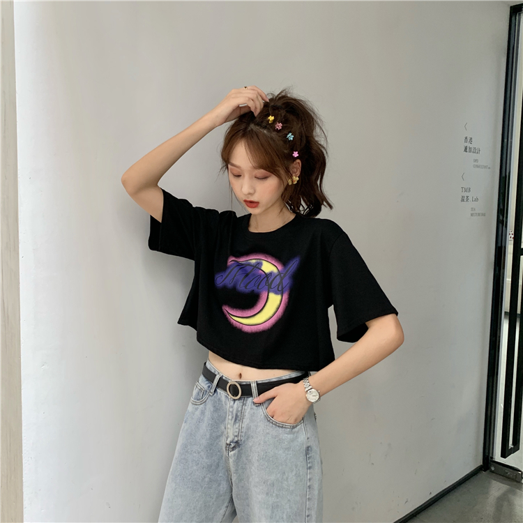 Áo sơ mi thắt lưng màu trắng áo thun nữ mùa hè ngắn tay sinh viên cao eo bị rò rỉ rốn lỏng bông thủy triều - Áo phông áo tay lỡ form rộng hàn quốc