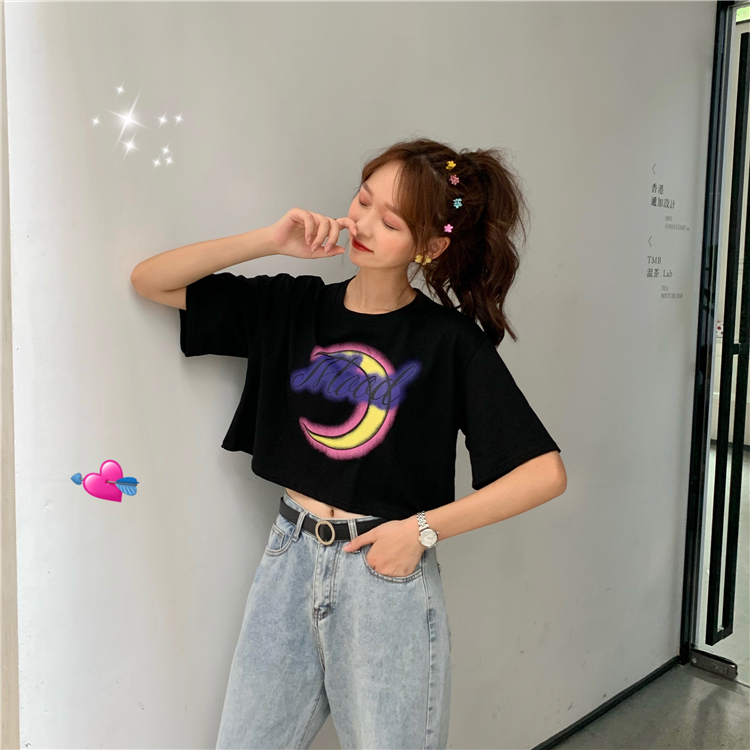 Áo sơ mi thắt lưng màu trắng áo thun nữ mùa hè ngắn tay sinh viên cao eo bị rò rỉ rốn lỏng bông thủy triều - Áo phông áo tay lỡ form rộng hàn quốc