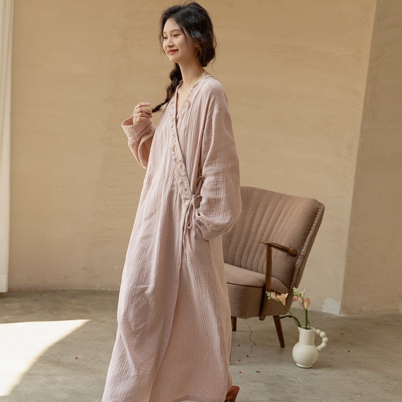 Zumashi Women's Pure Cotton Gauze Bathrobe, Long Robe, Sleepwear, Loungewear, Spring, Autumn, Summer, Embroidered Hanfu, New Chinese Style