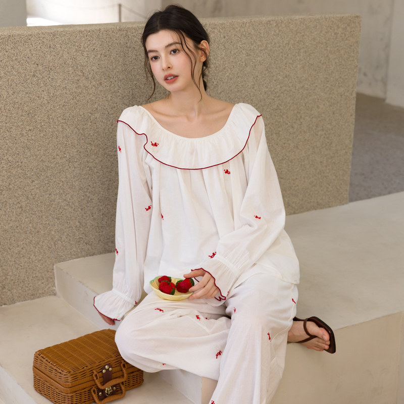 Zumashi Summer Sweet Style Pure Cotton French White Embroidered Pajamas for Women with Ruffles, Can Be Worn Outside, Loungewear Set