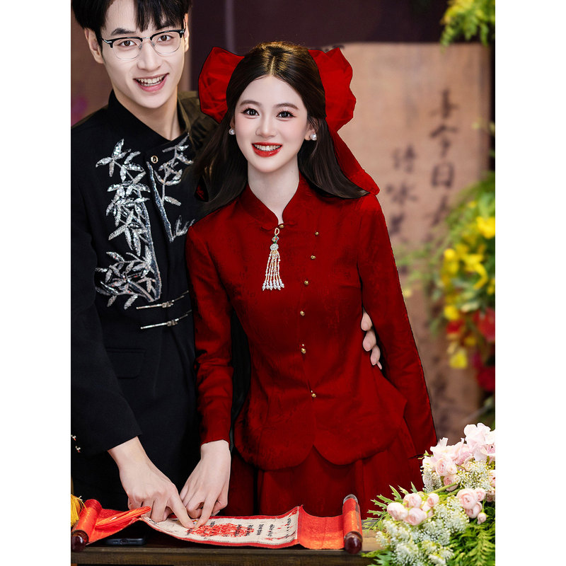 Red Wedding Dress Bridal Qipao 2025 New Style New Chinese Style Engagement Dress Women's Wedding Set Long-Sleeve Winter Red Wedding Dress Bridal Qipao 2025 New Style New Chinese Style Engagement Dress Women's Wedding Set Long-Sleeve Winter