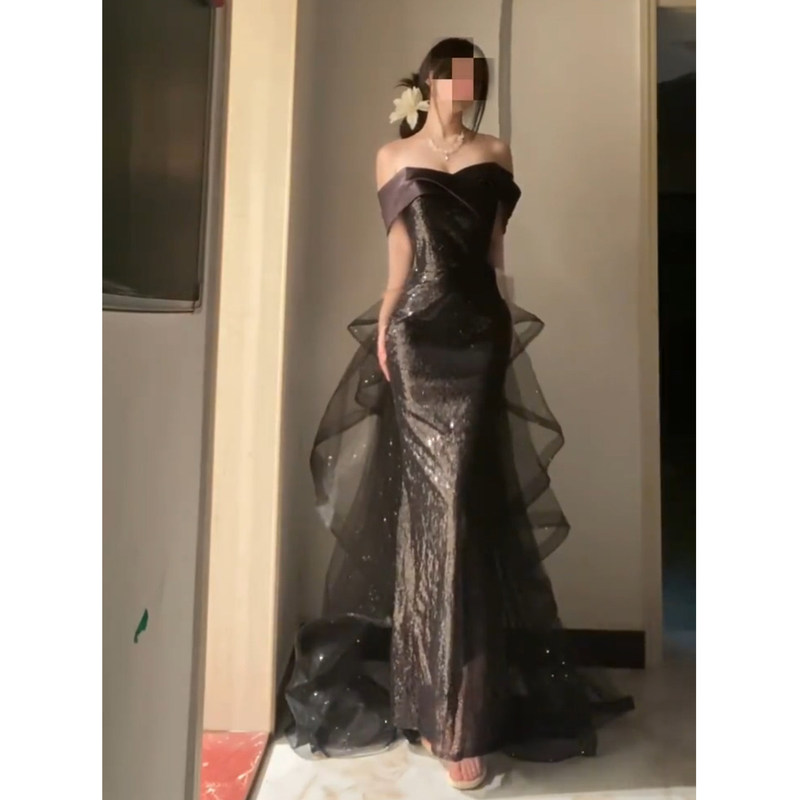 Black One-Shoulder Evening Dress for Women, High-End Graduation, Art Exam, Coming-Of-Age Ceremony, Banquet Dress, Fishtail Sequin Long Dress