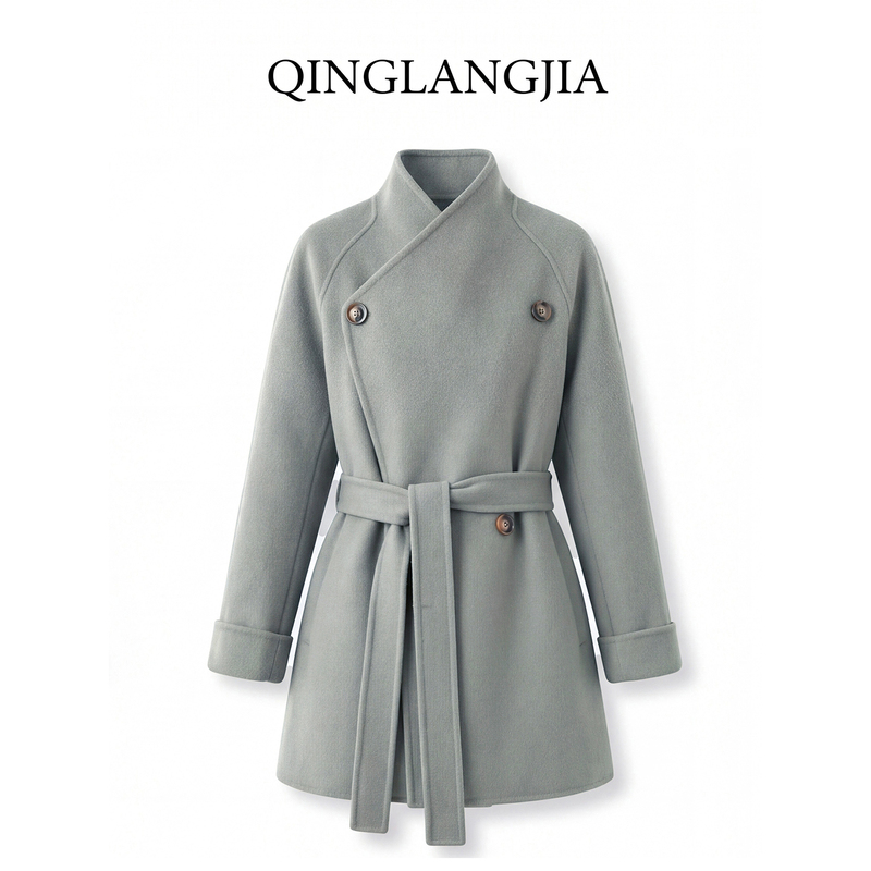 【One Coat, Two Ways to Wear】High-End Wool Coat for Women with Double-Breasted Design and Belt, Suitable for Autumn and Winter, Mid-Length Double-Sided Wool Short Coat