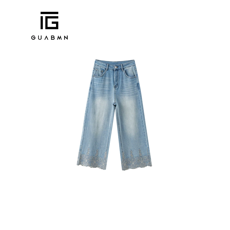 Guabmn2026 Summer New Lace Trim Wide-Leg Jeans for Women, High-Waisted, Slimming, Drapey 7/8 Pants 6633