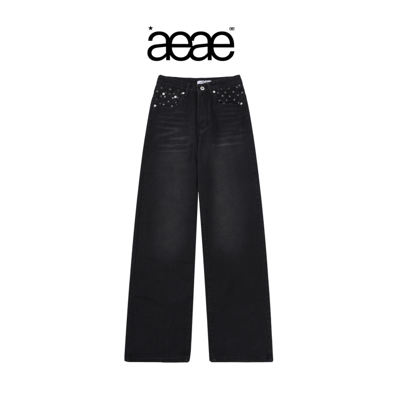 Aeae official store Black Star Pattern Straight-Leg Jeans for Women, High-Waisted, Loose, Wide-Leg Pants, Casual and Versatile