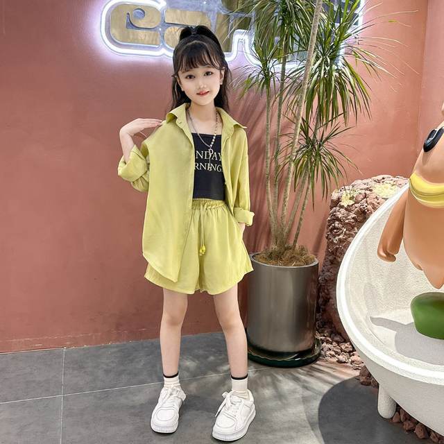 Girls Summer Shirt Sunscreen Suit Big Boy Anti-ultraviolet Foreign Style Children's Thin Coat Summer Three-piece Set