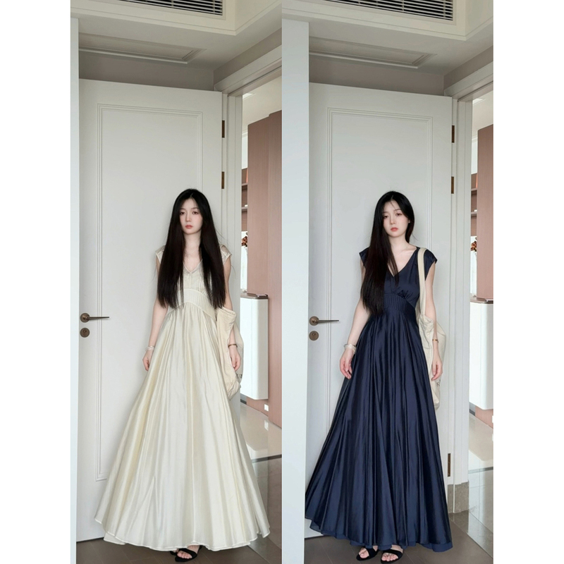 Sun Xiaoju's "Artistic Aesthetics" V-Neck Flutter Sleeve Waist-Cinching Tencel Dress, Two-Color Long and Short Versions, Elegant Long Dress