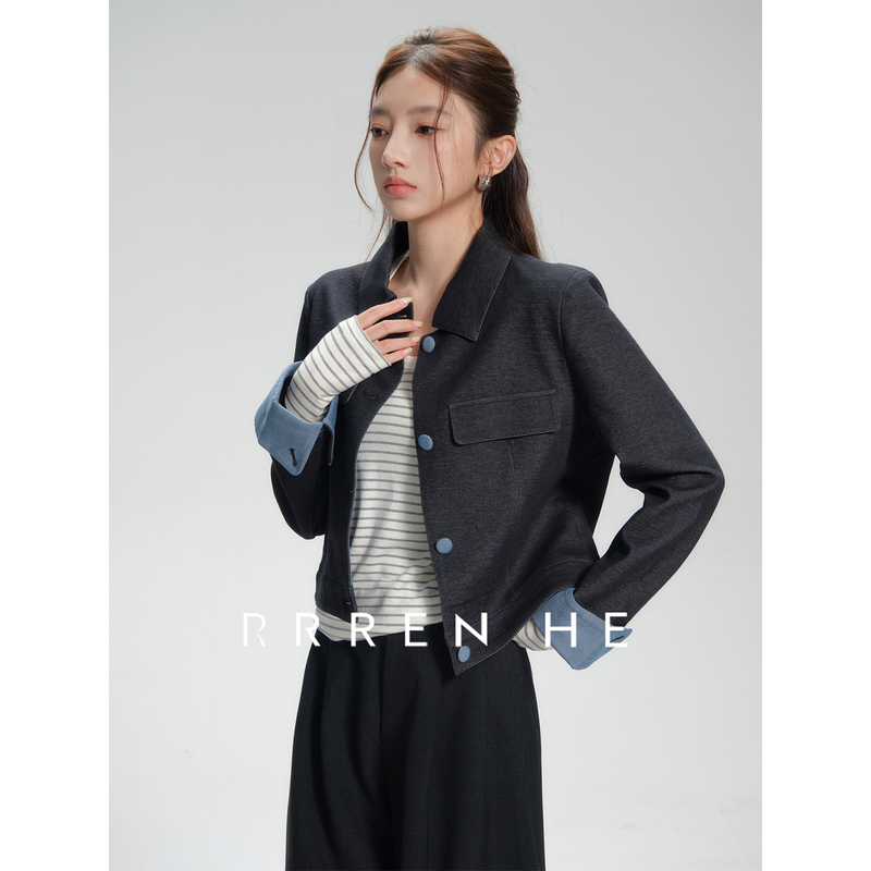 Rrren He【Film】Sheep Wool Lapel Workwear Color-Block Jacket for Women, Versatile Slim-Fit Short Denim Jacket Rrren He【Film】Sheep Wool Lapel Workwear Color-Block Jacket for Women, Versatile Slim-Fit Short Denim Jacket