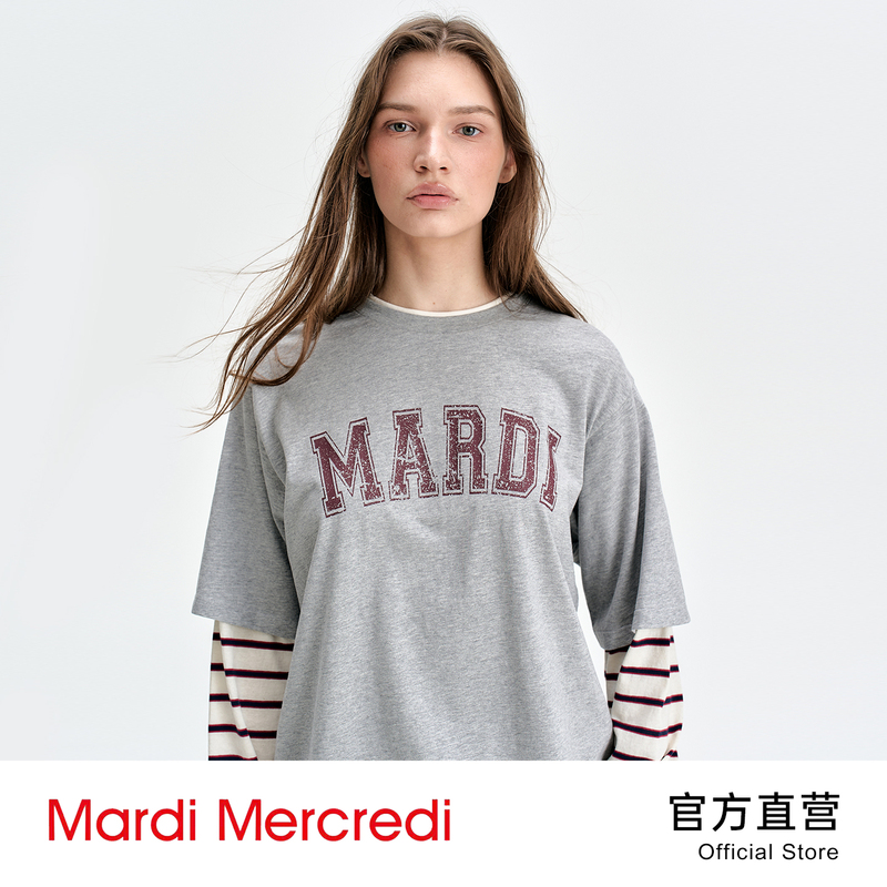 Mardi Mercredi Fake Two-Piece Long-Sleeved T-Shirt for Women, Loose Letter Design Top, 26 Autumn and Winter New Style