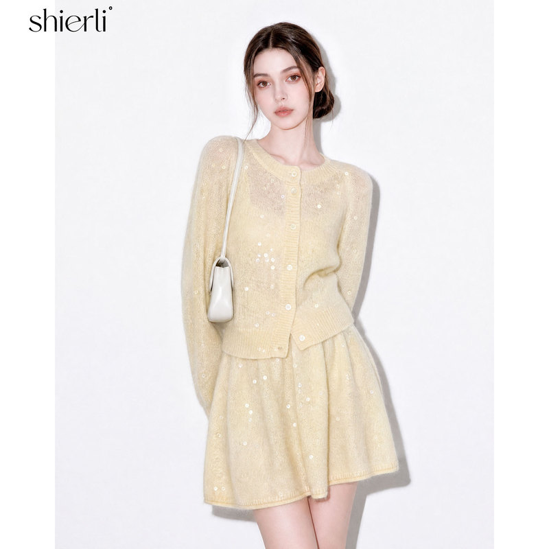 Shierli Gentle and Soft Round-Neck Cardigan Knit Top A-Line Skirt Autumn Daily Wear Commuter Style