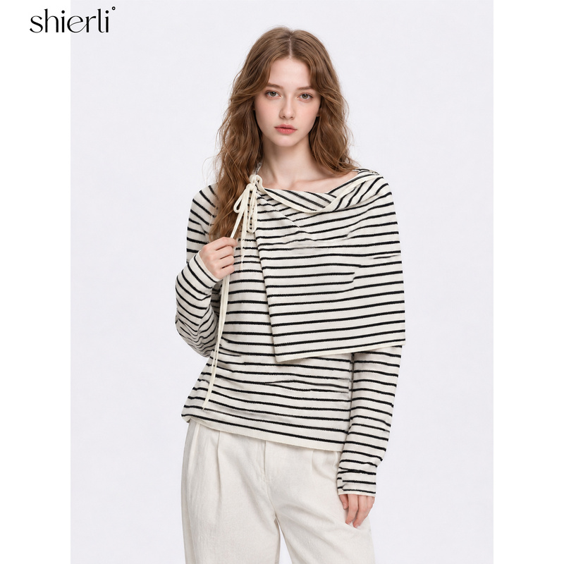 Shierli High-Fashion Black and White Striped Long-Sleeve Knit Sweater for Women, 2026 Autumn, Casual Style, Versatile Sweater Top