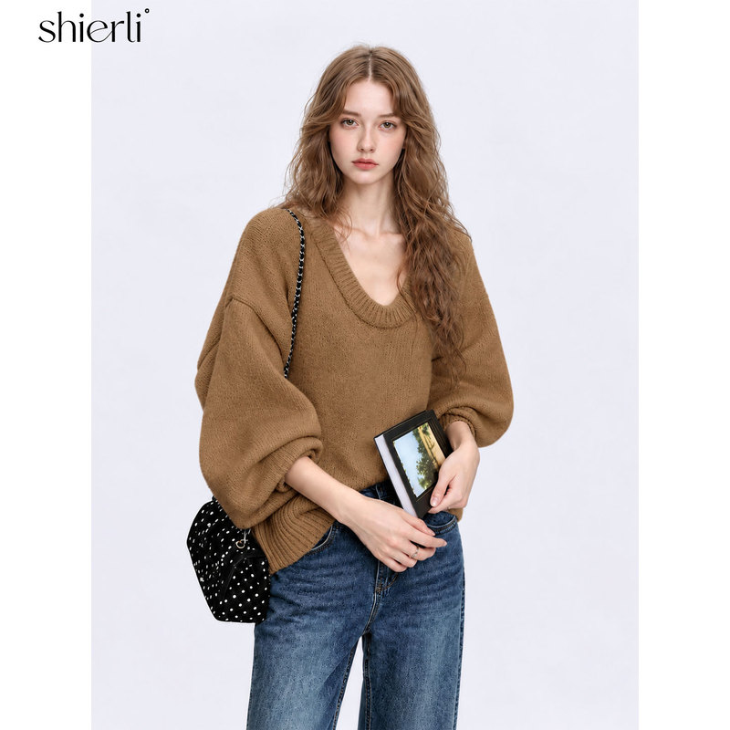 Shierli Minimalist Style Melard Elegant Versatile Brown Knit Sweater for Women 2026 Autumn/Winter Lazy Top