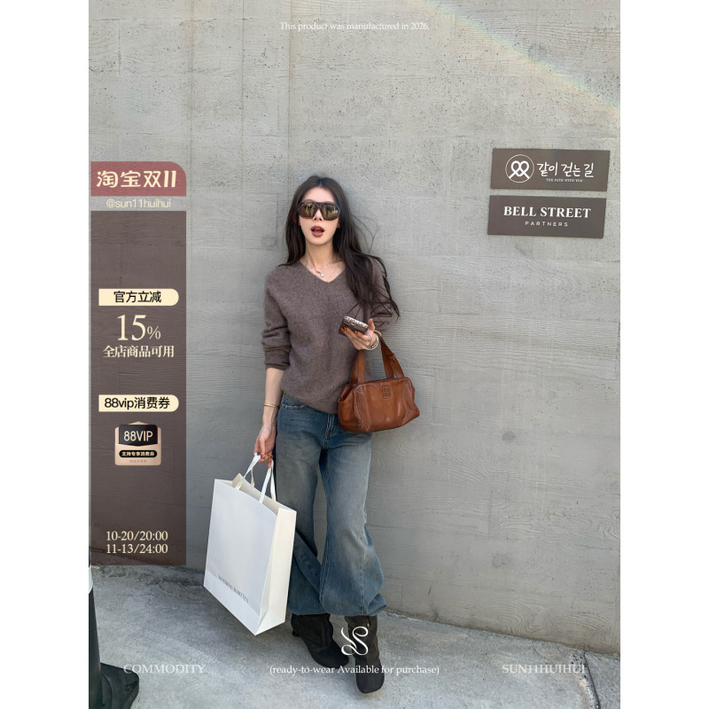 Sun11【Vienna】88% Sheep Wool Small V-Neck Knitted Sweater for Women, Winter Korean Style Loose Fit, Soft and Cozy Top Sun11【Vienna】88% Sheep Wool Small V-Neck Knitted Sweater for Women, Winter Korean Style Loose Fit, Soft and Cozy Top